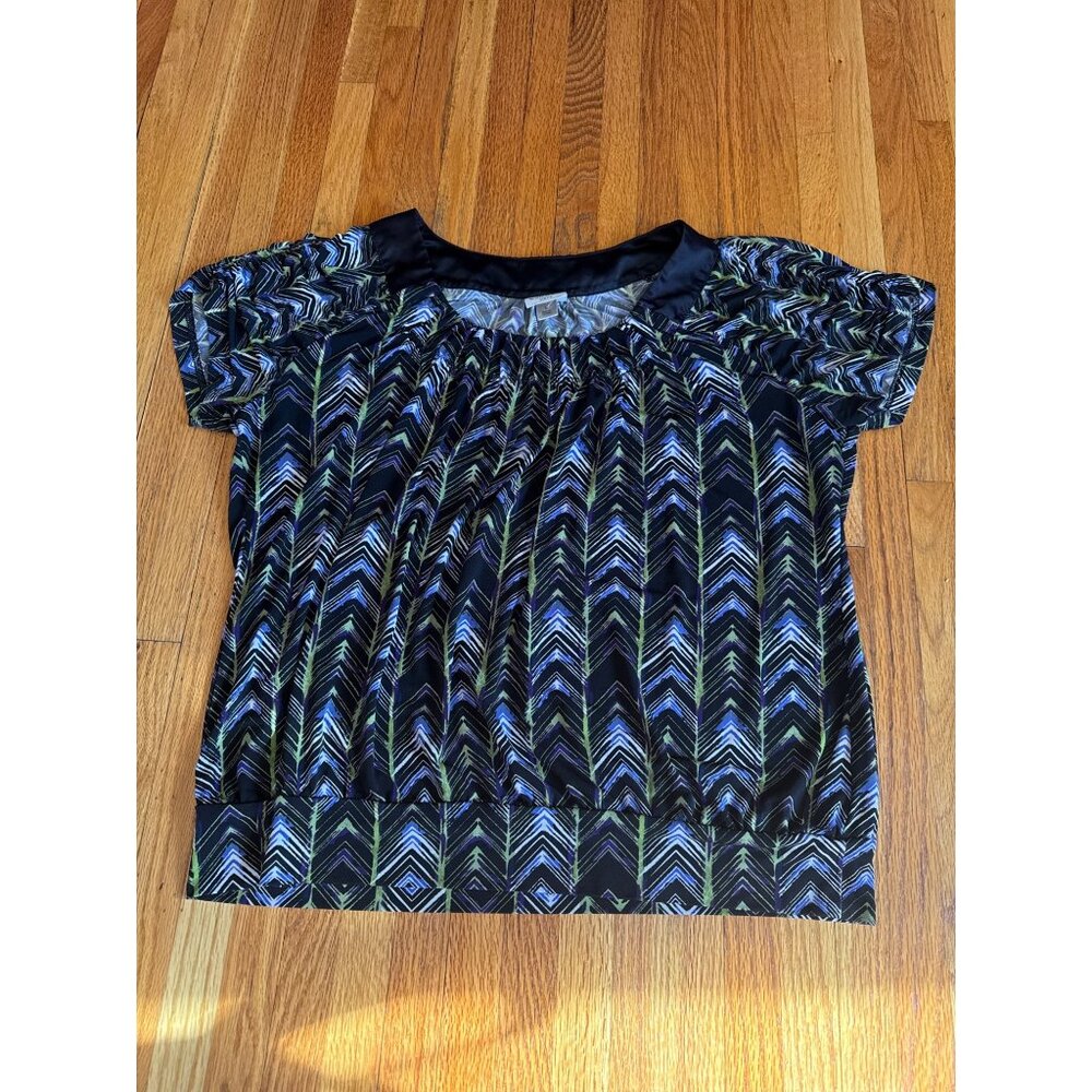 Worthington Stretch Womens Chevron Print Short Sleeve Blouse Large